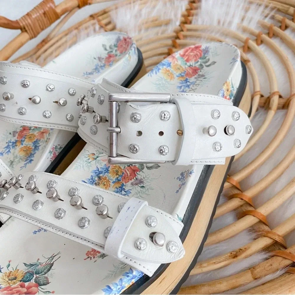 Alexander McQueen Platform Sandals Slides Studded Cream Leather Flower Print